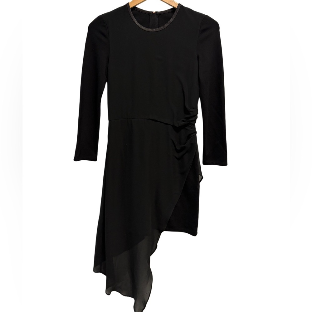 Luxury MO&Co de Paris Black Side gather Mini Dress Sheer Skirt Overlay -XS